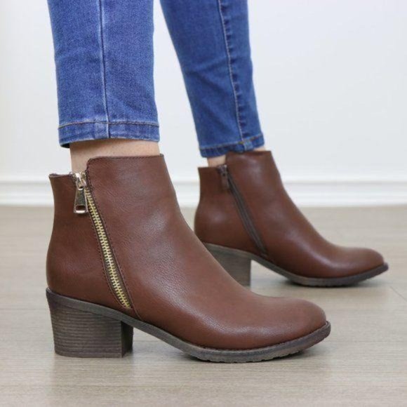 Brown Faux Leather Ankle Boots W/ Gold Zipper Block Heel - Picture 5 of 8
